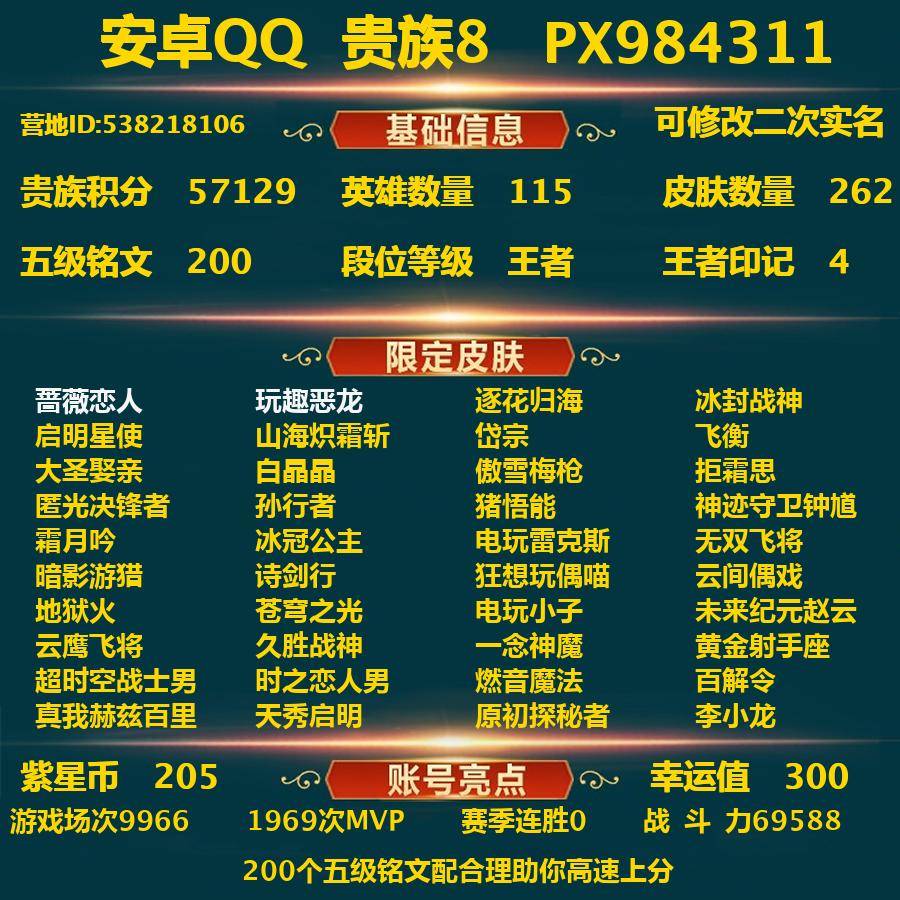 王者荣耀账号安卓QQPX_984311-安卓Q-贵族积分57129-V8--262皮肤-(可二次) 14传说皮 205紫星币 300幸运值 3内测 蔷薇恋人 玩趣恶龙 特工战影 逐花归海 冰封战神 启明星使 山