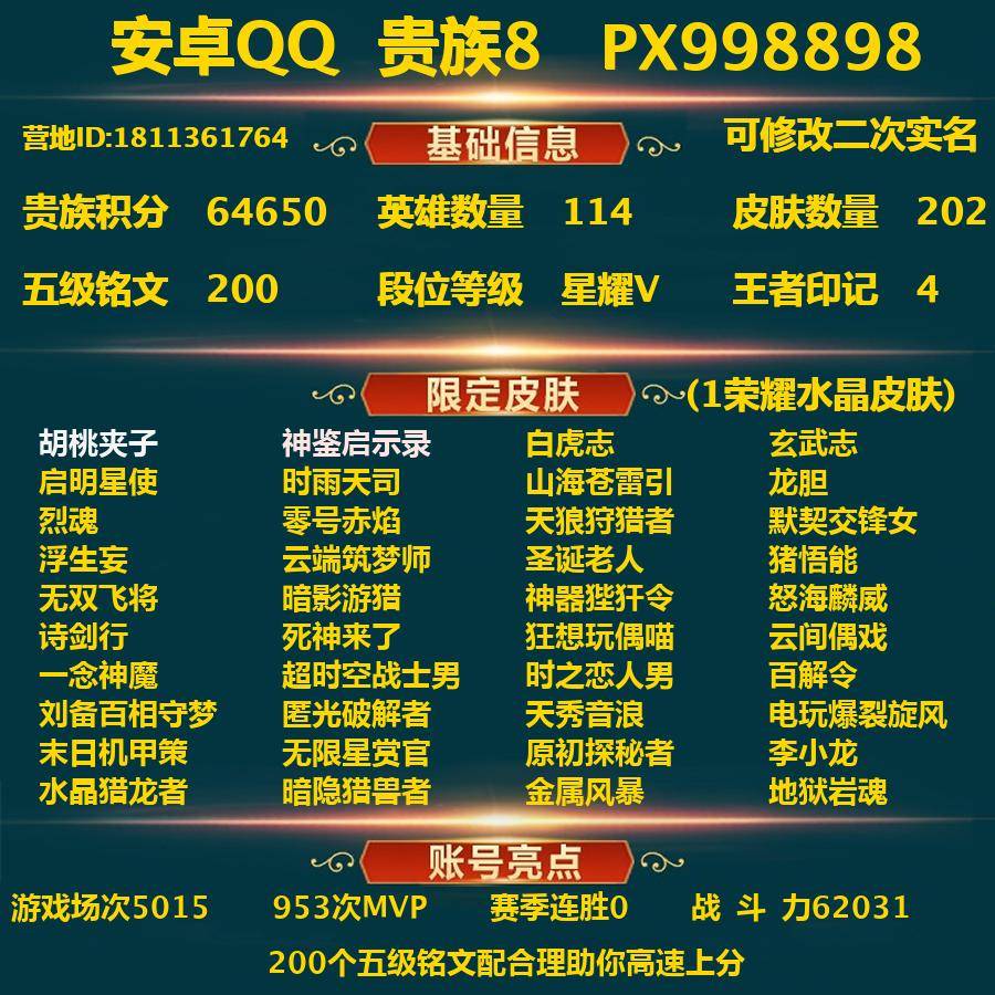 王者荣耀账号安卓QQPX_998898-安卓Q-贵族积分64650-V8--202皮肤-(可二次) 2内测 胡桃夹子 特工战影 --1水晶(已兑换) 神鉴启示录 白虎志 玄武志 启明星使 时雨天司 山海苍雷引 