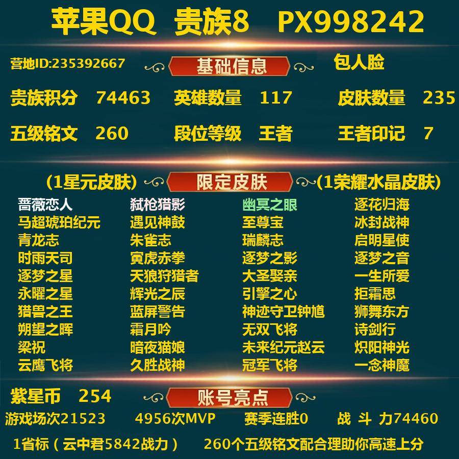 王者荣耀账号苹果QQPX_998242-苹果Q-贵族积分74463-V8--235皮肤-包人脸 21传说皮 1省标（云中君5842战力） 254紫星币 2内测 蔷薇恋人 特工战影 1星元 幽冥之眼 --1水晶(