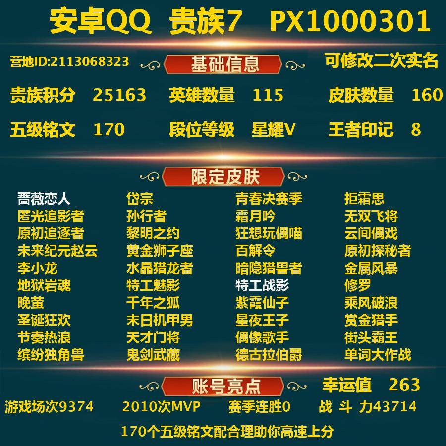 王者荣耀账号安卓QQPX_1000301-安卓Q-贵族积分25163-V7--160皮肤-(可二次) （连体和平 1粉装）3传说皮 263幸运值 2内测 蔷薇恋人 特工战影 岱宗 青春决赛季 拒霜思 匿光追影者