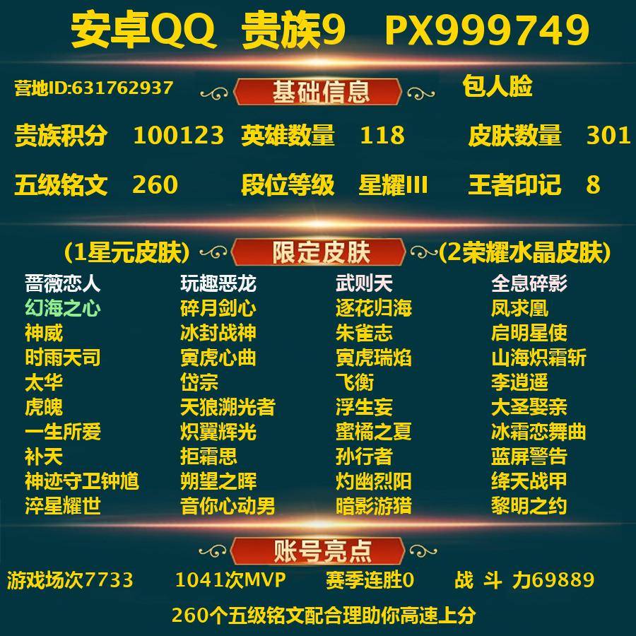 王者荣耀账号安卓QQPX_999749-安卓Q-贵族积分100123-V9--301皮肤-包人脸 20传说皮+1无双皮 3内测 蔷薇恋人 玩趣恶龙 特工战影 1星元 幻海之心 --2水晶(已兑换) 武则天 全息