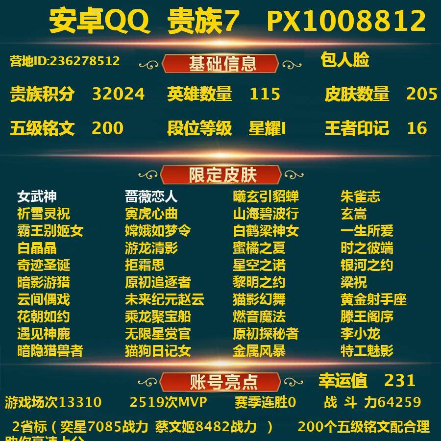 王者荣耀账号安卓QQPX_1008812-安卓Q-贵族积分32024-V7--205皮肤-包人脸 6传说皮（女号）2省标（奕星7085战力 蔡文姬8482战力 ） 231幸运值 3内测 女武神 蔷薇恋人 特工战