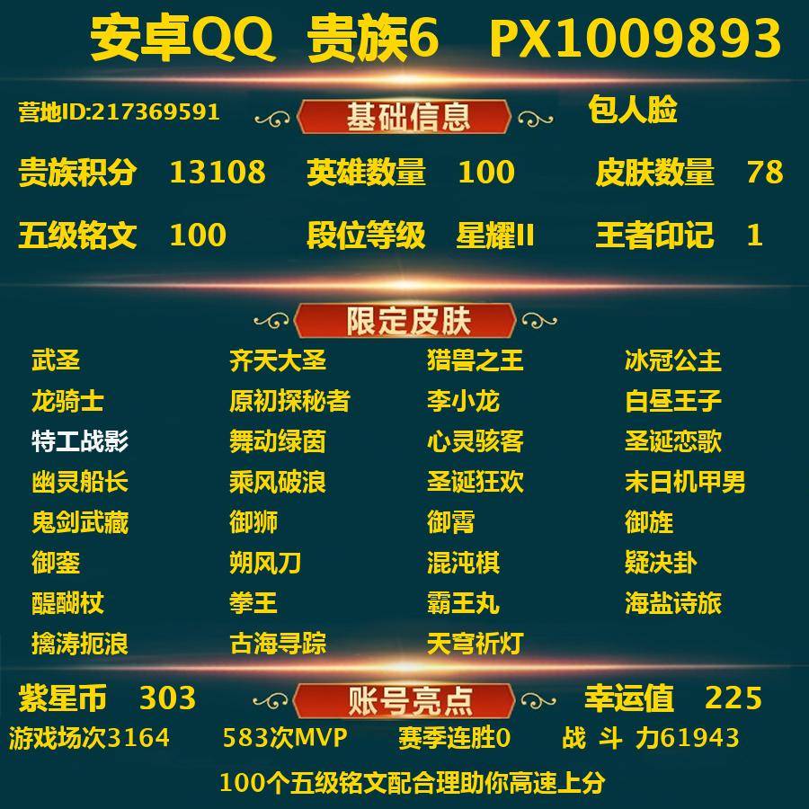 王者荣耀账号安卓QQPX_1009893-安卓Q-贵族积分13108-V6--78皮肤-包人脸 303紫星币 225幸运值 1内测 特工战影 武圣 齐天大圣 猎兽之王 冰冠公主 龙骑士 原初探秘者 李小龙 白昼