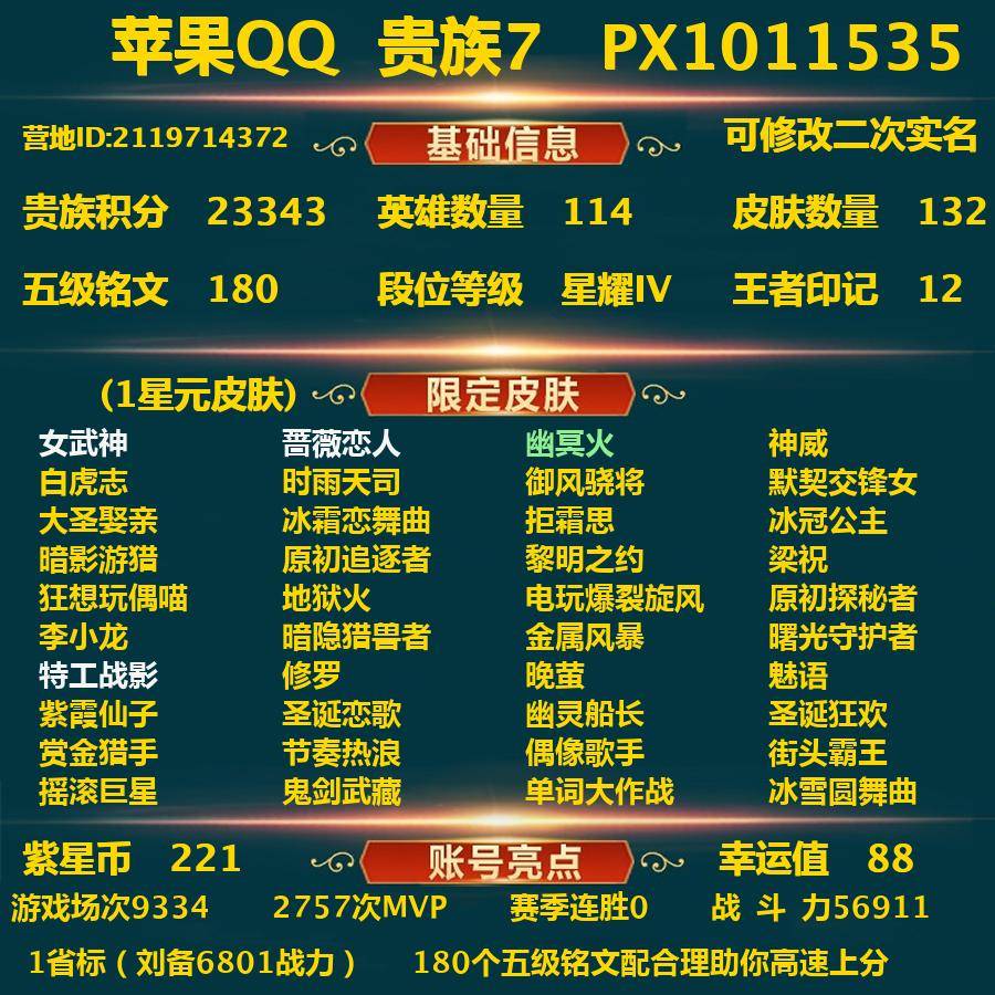 王者荣耀账号苹果QQPX_1011535-苹果Q-贵族积分23343-V7--132皮肤-(可二次) 3传说皮 1省标（刘备6801战力） 221紫星币 3内测 女武神 蔷薇恋人 特工战影 1星元 幽冥火 神威