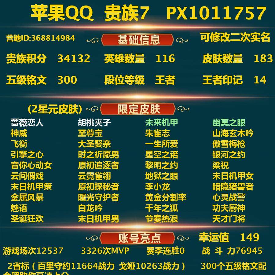 王者荣耀账号苹果QQPX_1011757-苹果Q-贵族积分34132-V7--183皮肤-(可二次) 5传说皮（发育路44段+打野40段）2省标（百里守约11664战力 戈娅10263战力） 2内测 蔷薇恋人 